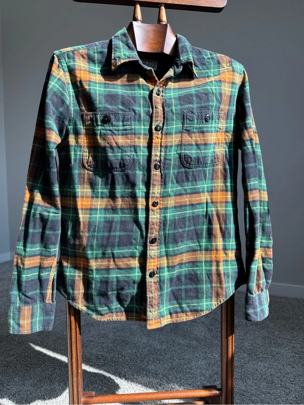 J.Crew Mid-Weight Flannel Plaid Shirt Men’s M Slim Fit Green Orange Cotton